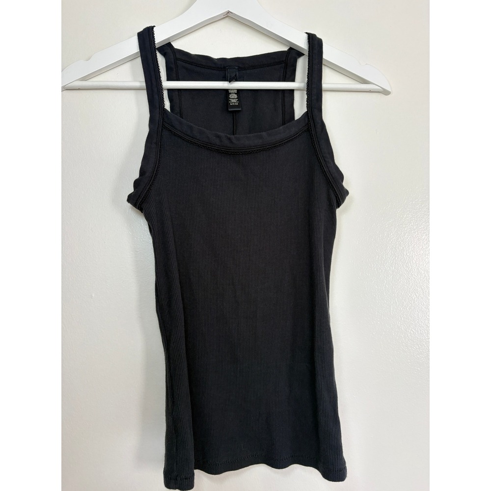 SKIMS Cotton Rib Tank Top Small Soot Black Picot Trim Scoop Neck Basic - Picture 1 of 6